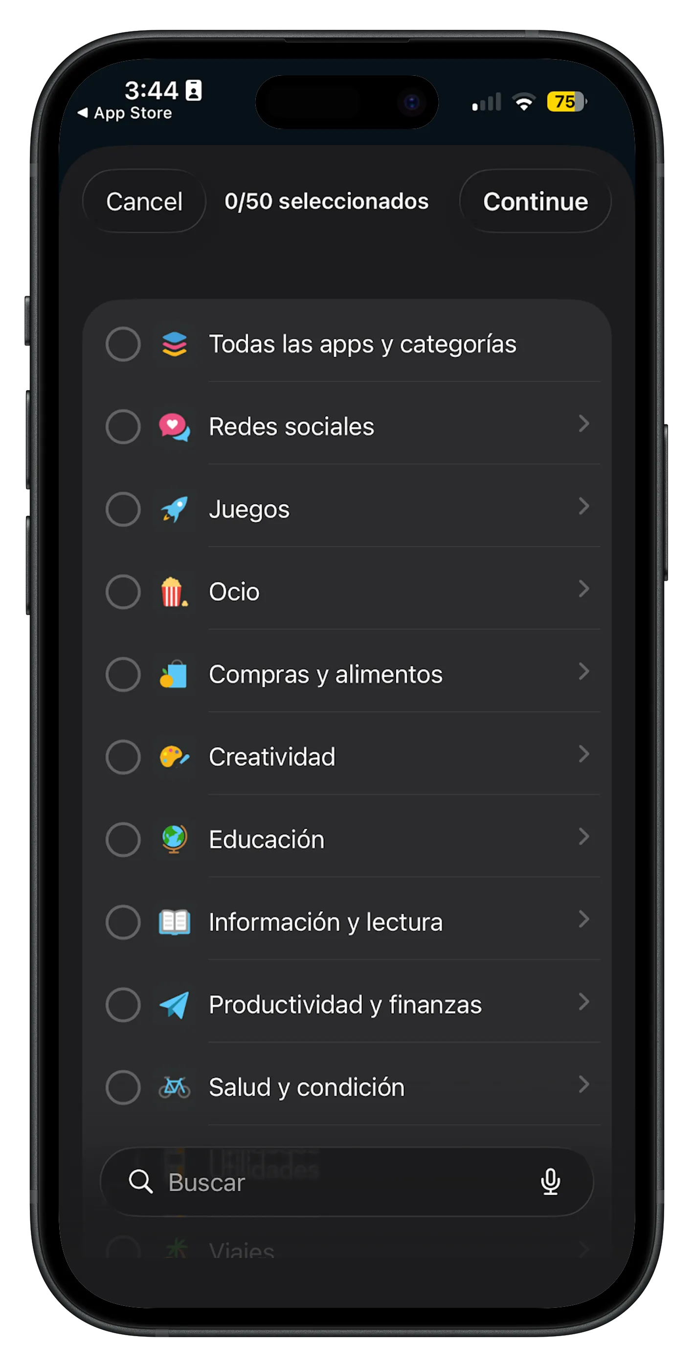 Unbound block list category picker on iPhone