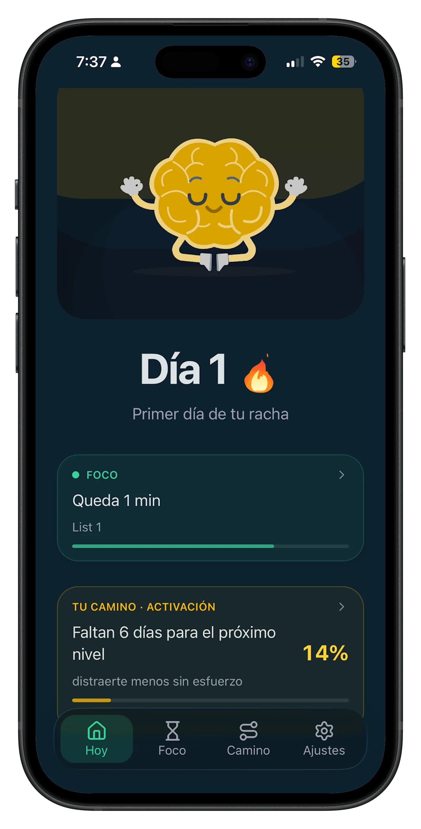 Pantalla Hoy de Unbound en el primer día de racha de foco