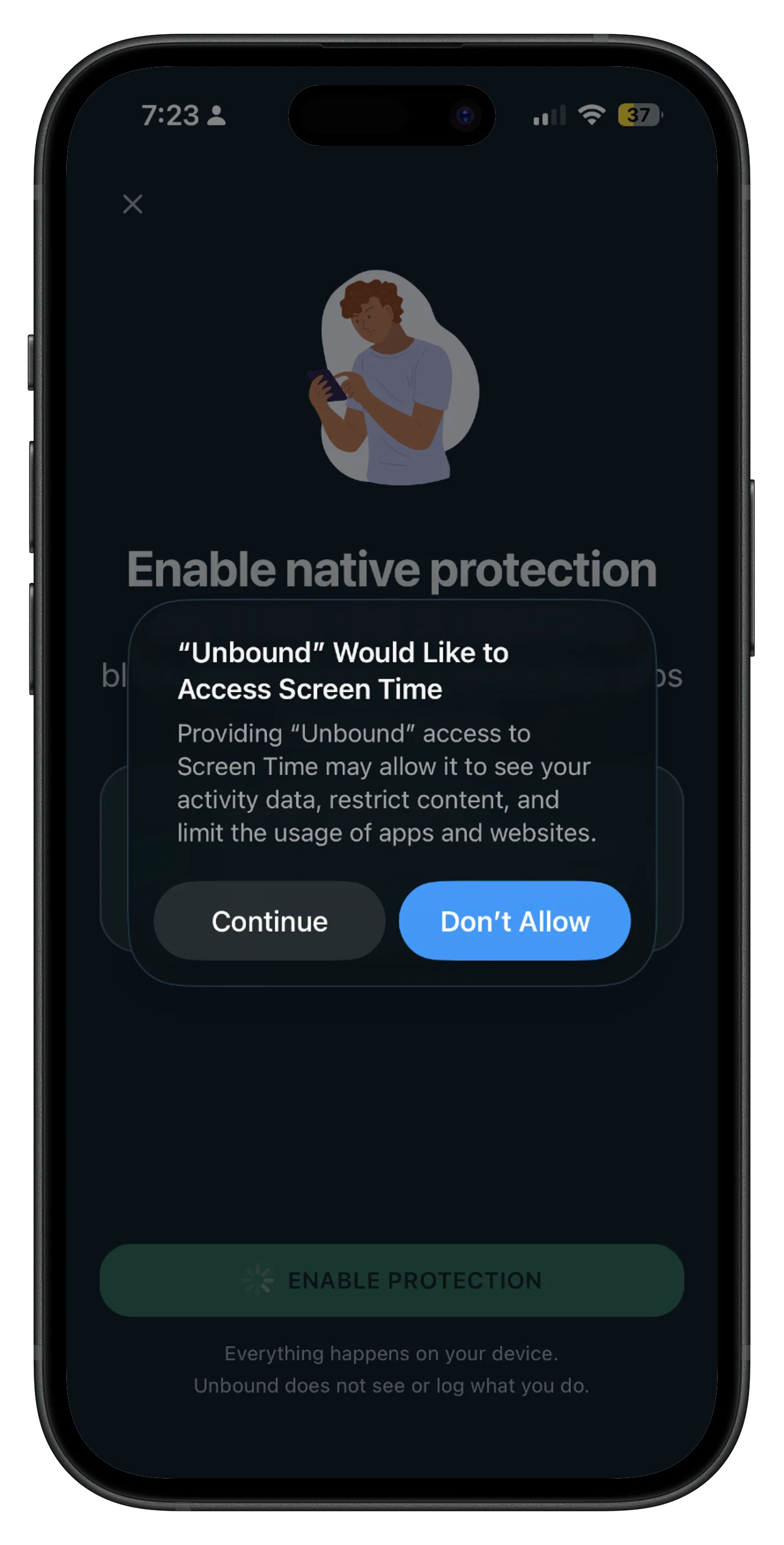 Unbound requesting Screen Time permission on iPhone