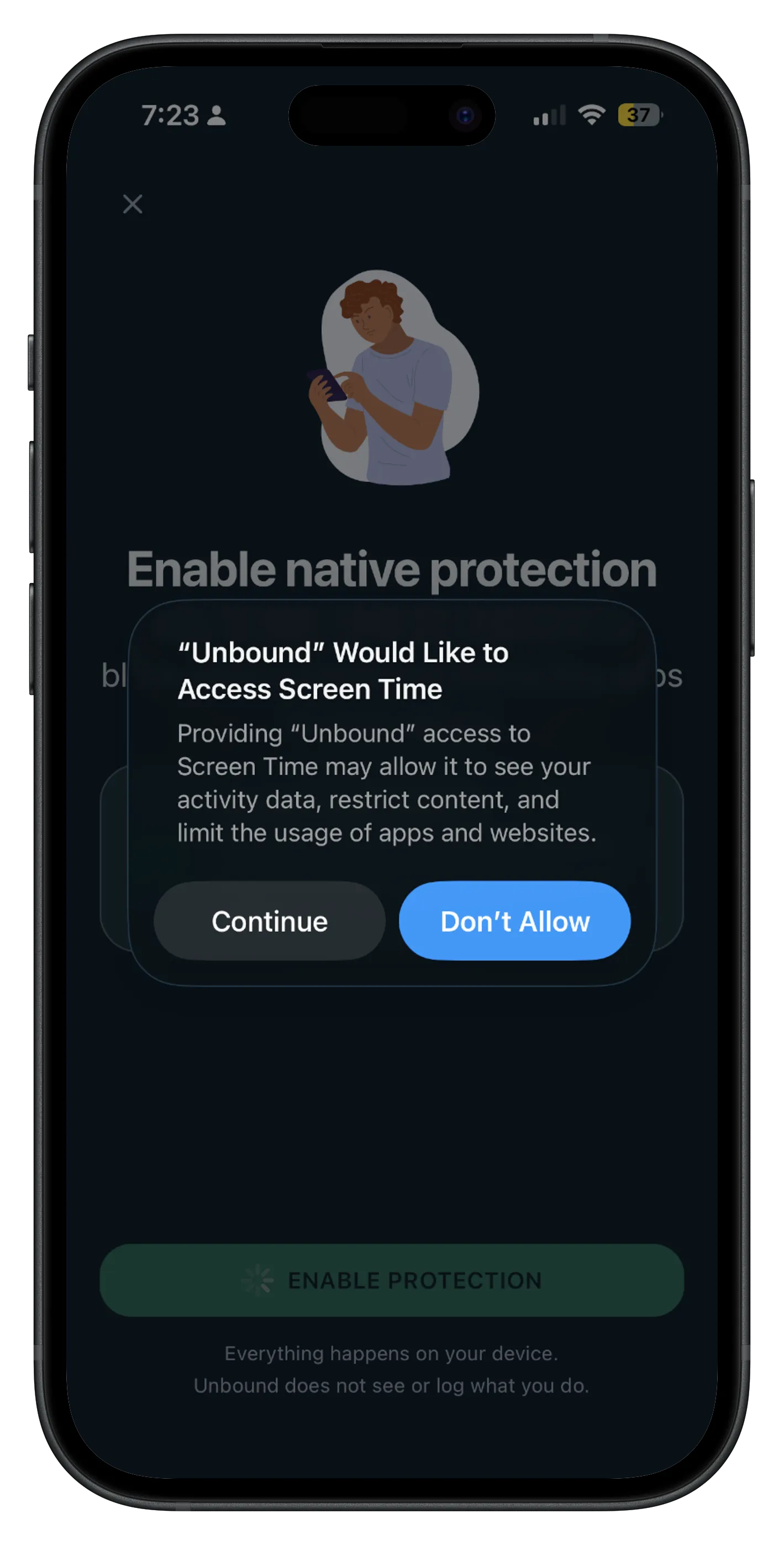 Unbound requesting Screen Time permission on iPhone