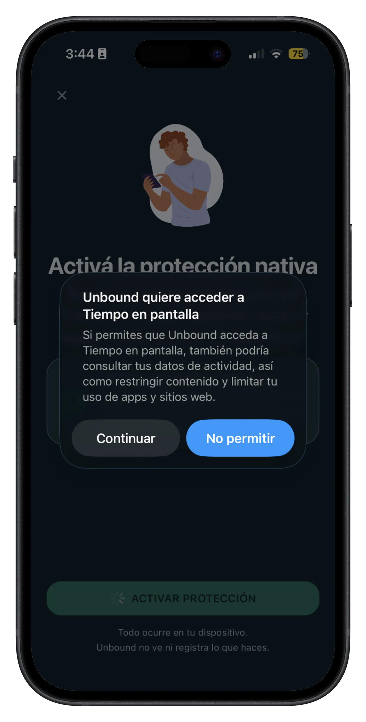 Unbound pidiendo permiso de Screen Time en iPhone